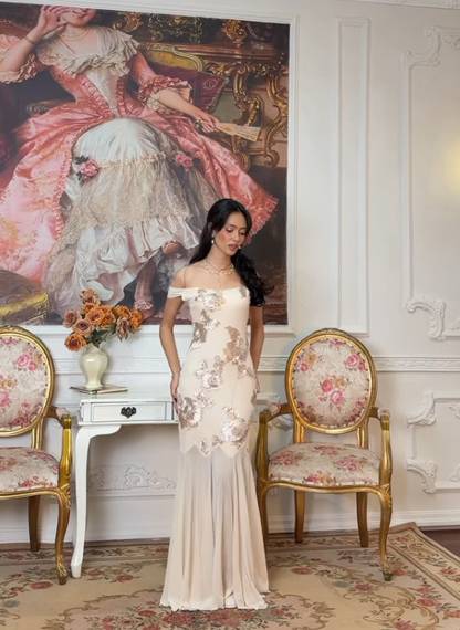 Vintage Apricot Mermaid Off the Shoulder Sequin Chiffon Long Prom Dress SH5392