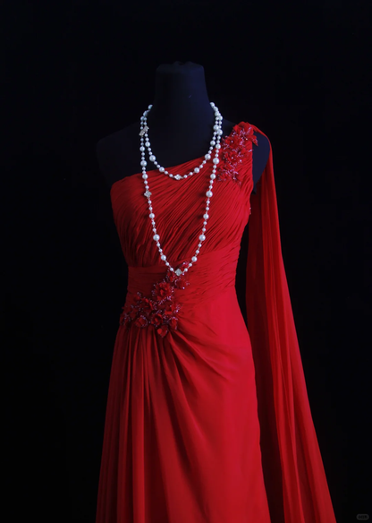 Vintage A Line One Shoulder Appliques Red Chiffon Prom Dress Wedding Guest Dress SH5335