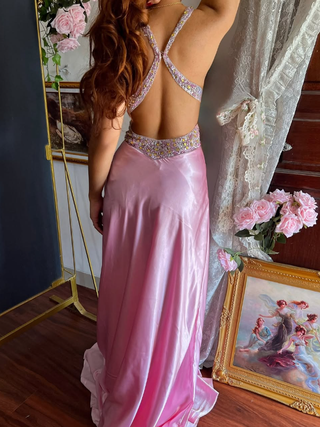 Stunning Pink A Line Halter Beaded Satin Backless Long Prom Dress Graduation Prom Dress SH5487