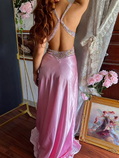 Stunning Pink A Line Halter Beaded Satin Backless Long Prom Dress Graduation Prom Dress SH5487