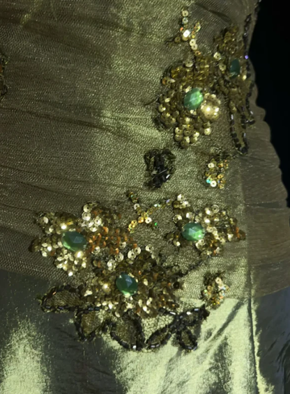 Vintage Green Mermaid Strapless Appliques Floral Satin Long Prom Dress SH5424