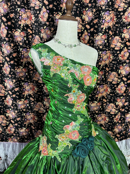 Vintage Bright Green Ball Gown One Shoulder Beaded Satin Tulle Prom Dress Sweet 16 Dress SH5795