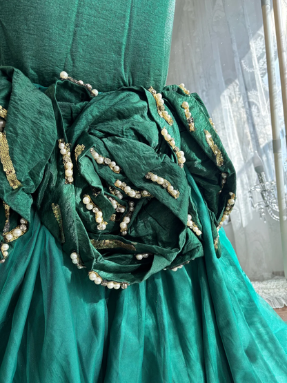 Vintage Emerald Mermaid Straps Pearl Beaded Satin Prom Dress Sweet 16 Dress SH5781