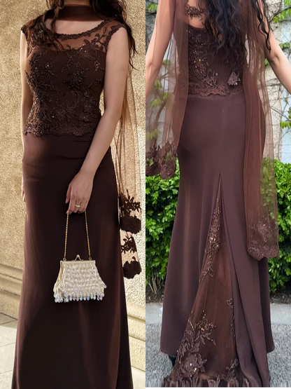 Vintage Brown A Line Round Neck Beaded Lace Chiffon Prom Dress Wedding Guest Dress SH5495