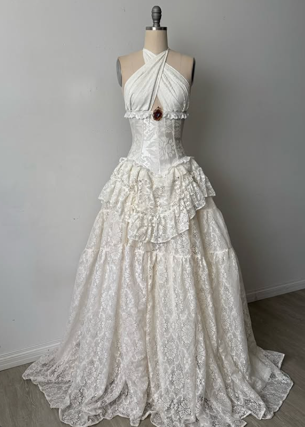 Vintage Ivory Ball Gown Halter Lace Long Prom Dress Party Dress SH5533