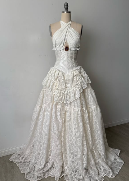 Vintage Ivory Ball Gown Halter Lace Long Prom Dress Party Dress SH5533