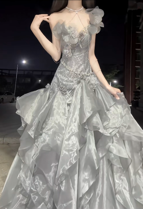 Stunning Grey Ball Gown Off the Shoulder Beaded Organza Satin Prom Dress Party Dress SH5026