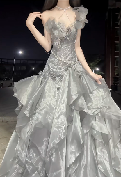 Stunning Grey Ball Gown Off the Shoulder Beaded Organza Satin Prom Dress Party Dress SH5026