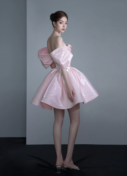 Stunning A Line Off the Shoulder Pink Satin Short Homecoming Dress Birthday Dress SH4156