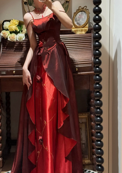 Stunning Burgundy A Line Straps Floral Beaded Ruffle Satin Prom Dress SH5652