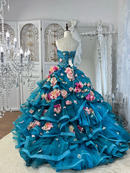 Vintage Blue Ball Gown Strapless 3D Floral Layered Tulle Prom Dress Sweet 16 Dress SH5783