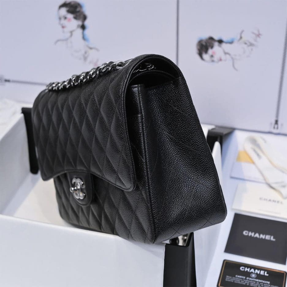 CHANEL LARGE CLASSIC HANDBAG Grained Calfskin & Silver Metal