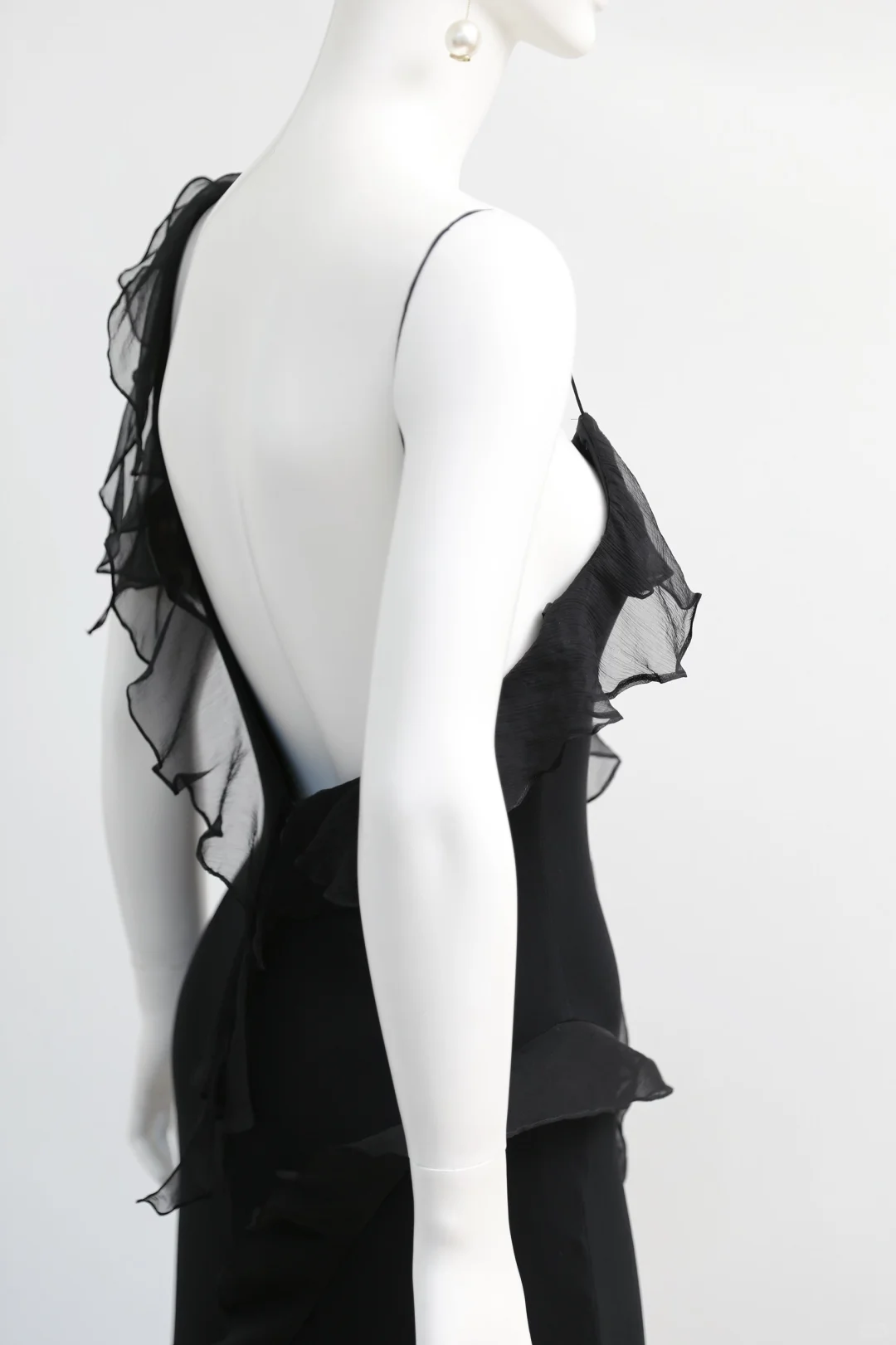 Vintage Flowy Sheath Straps Ruffle Black Chiffon Long Prom Dress Evening Dress SH5135