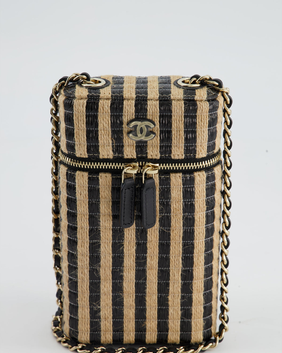 *HOT* Chanel Raffia Vanity 21P Beige and Black Cross-Body Bag with Champagne Gold Hardware