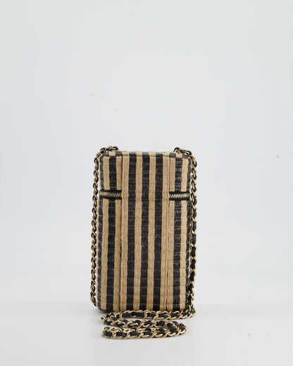 *HOT* Chanel Raffia Vanity 21P Beige and Black Cross-Body Bag with Champagne Gold Hardware