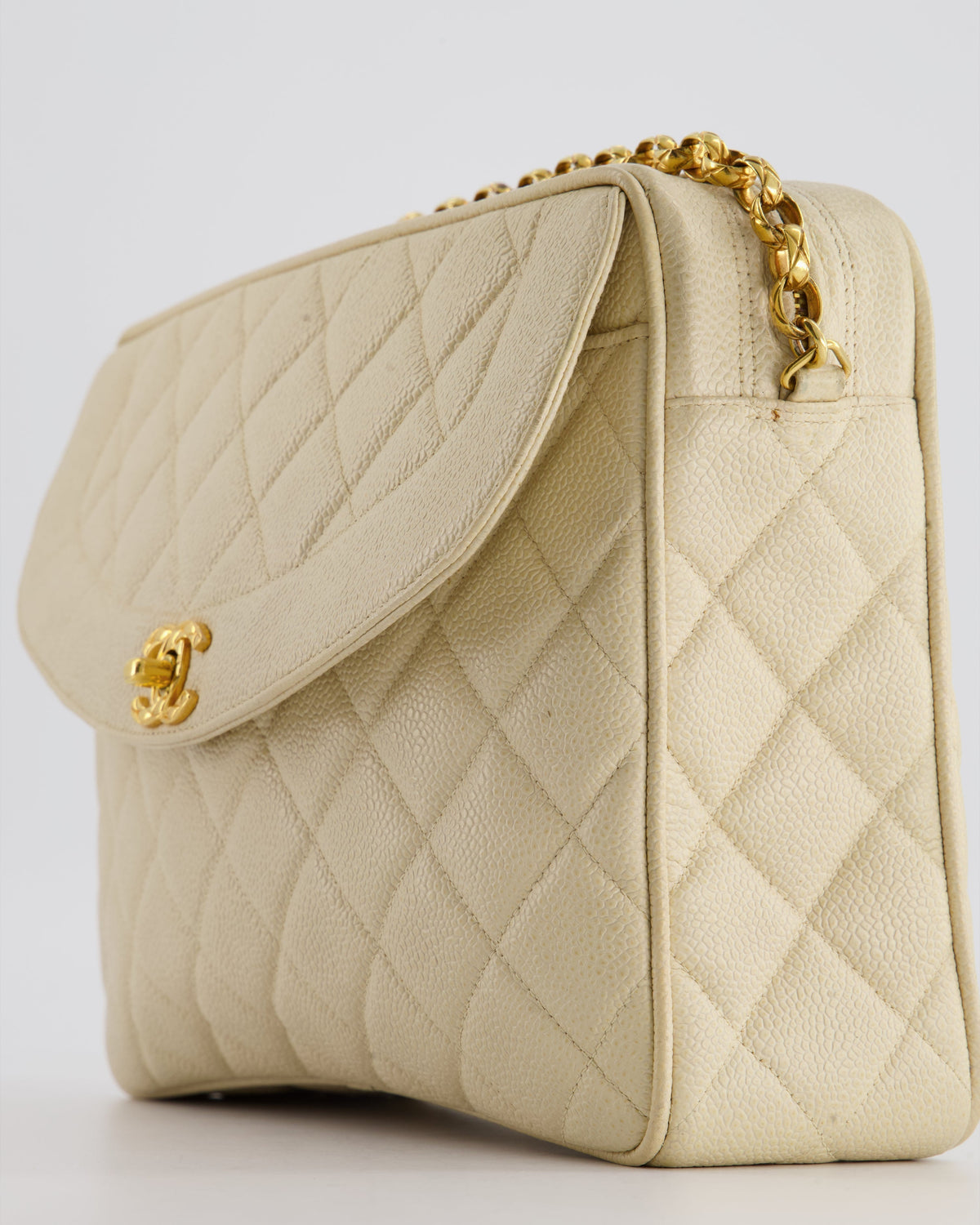 Chanel Vintage Beige Camera Flap Bag in Caviar Leather with Gold Hardware