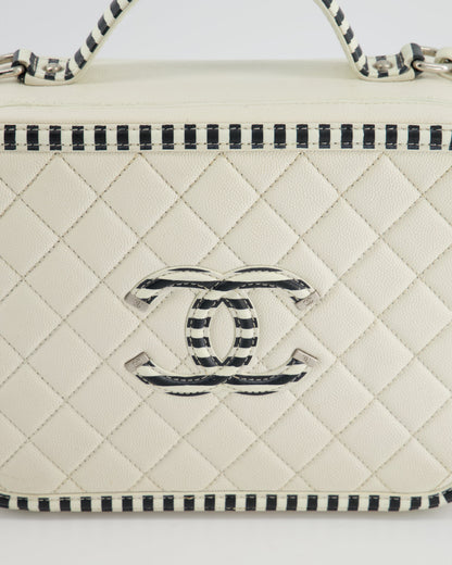 *HOT* Chanel White Caviar Vanity Case with Zebra Motif CC Logo and Silver Hardware