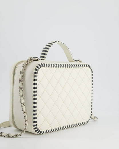 *HOT* Chanel White Caviar Vanity Case with Zebra Motif CC Logo and Silver Hardware