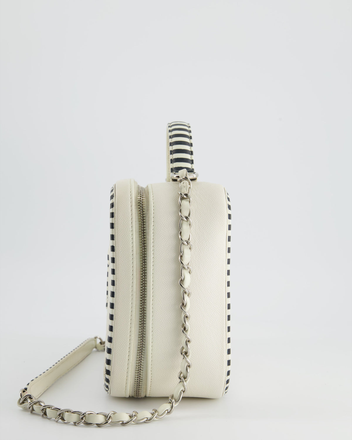*HOT* Chanel White Caviar Vanity Case with Zebra Motif CC Logo and Silver Hardware