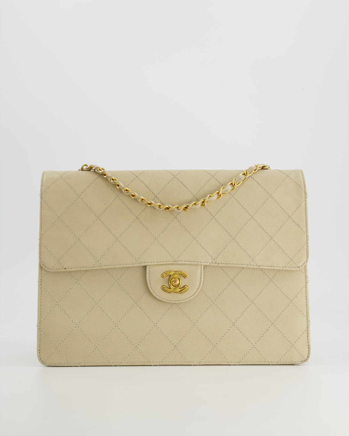 Chanel Vintage Beige Large Single Flap Bag in Caviar Leather with 24k Gold Hardware