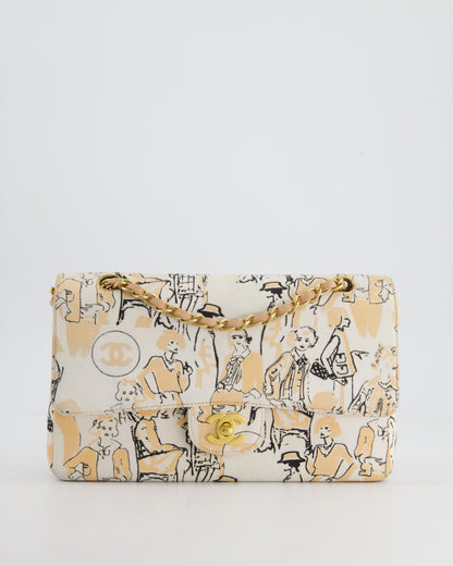 Chanel Peach and White Vintage Coco Print Classic Medium Double Flap Bag in Fabric with Brushed Gold Hardware