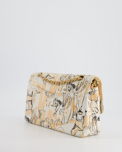 Chanel Peach and White Vintage Coco Print Classic Medium Double Flap Bag in Fabric with Brushed Gold Hardware
