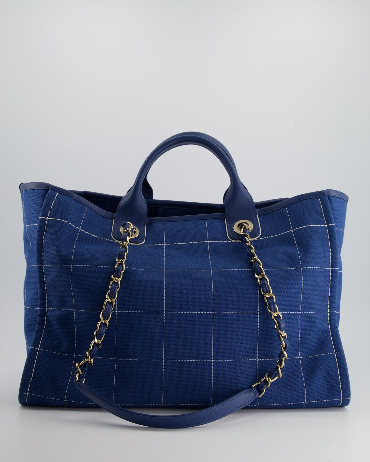 Chanel Blue Canvas Medium Deauville Tote Bag with Champagne Gold Hardware