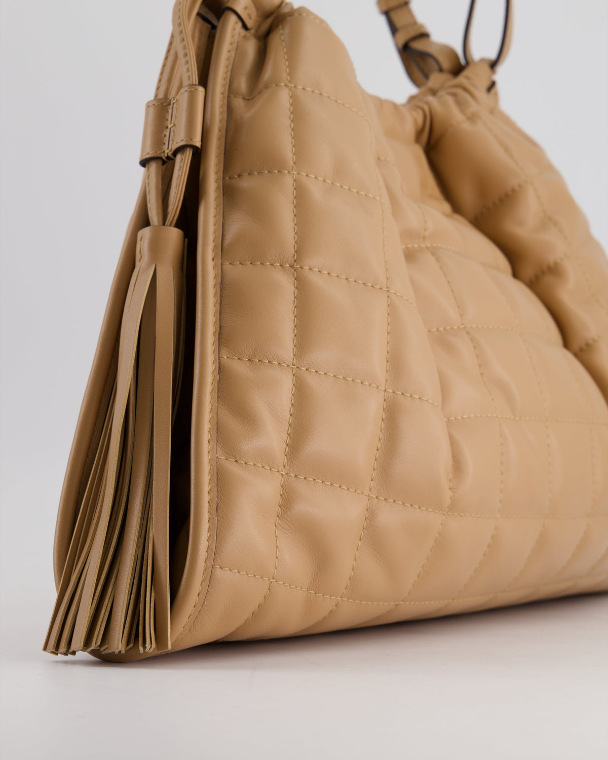 Gucci Beige Quilted Leather Shoulder Bag Dual Tone Hardware and Leather Tassels
