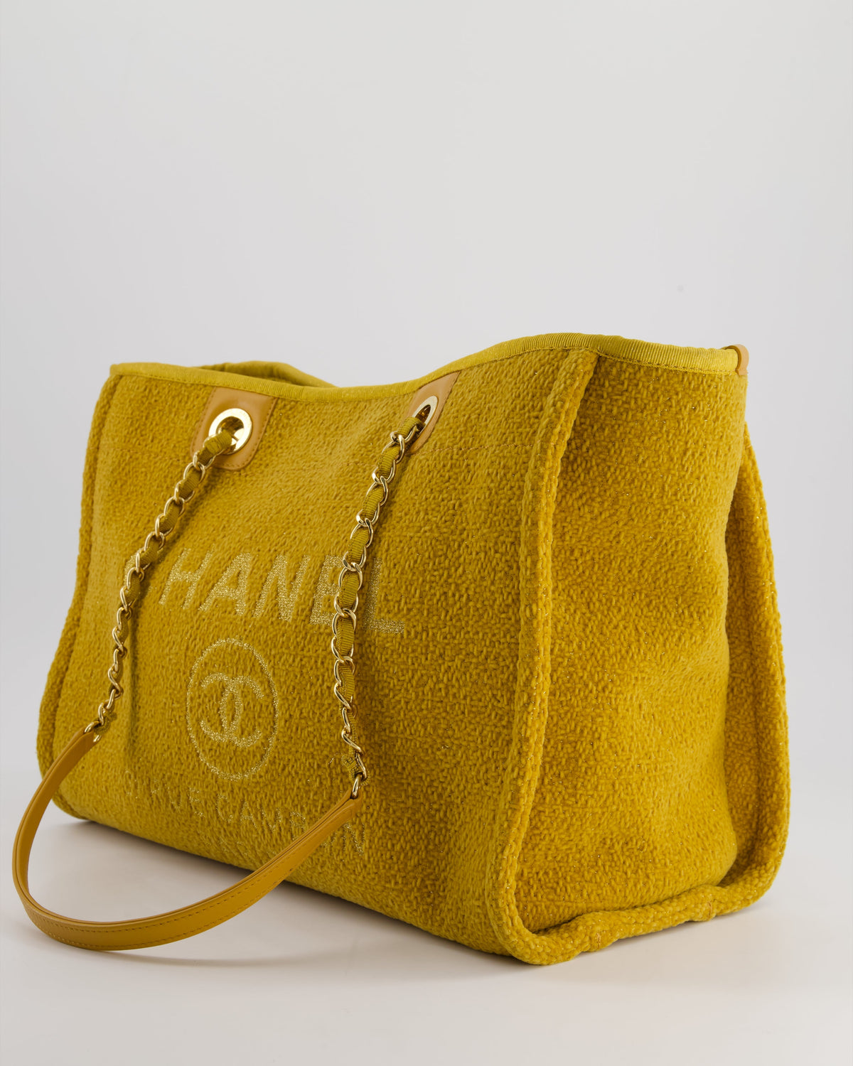 *HOT* Chanel Mustard Yellow Small Deauville Tote Bag in Velvet Tweed with Champagne Gold Hardware