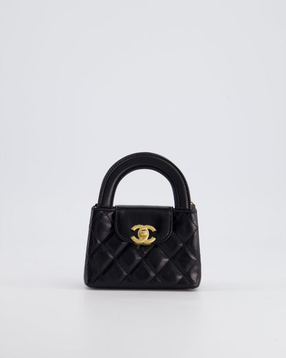 *HOT & RARE* Chanel Black Nano Kelly Shopping Bag in Calfskin Leather with Brushed Antique Gold Hardware
