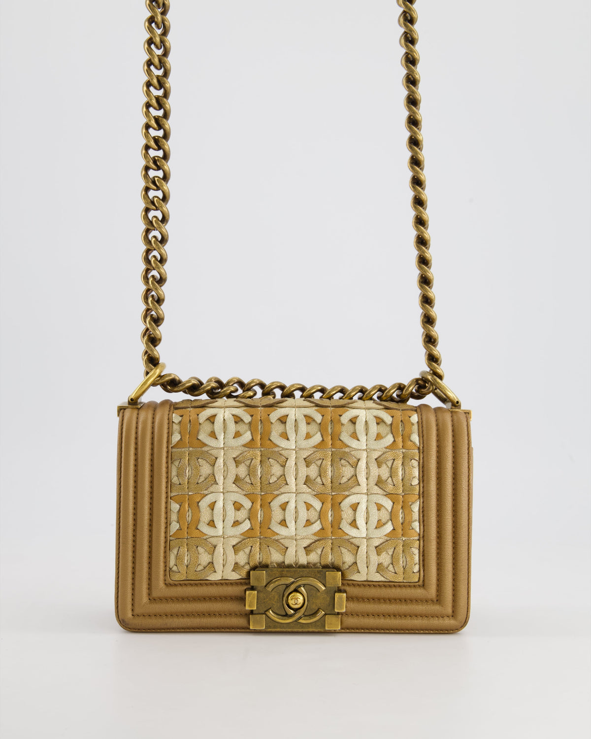 *LIMITED EDITION* Chanel Gold Metallic Small Boy Bag In Calfskin Leather with Antique Gold Hardware CC Details