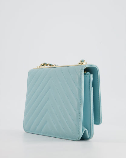 Chanel Tiffany Blue Chevron Quilted Trendy Wallet on Chain Bag in Lambskin Leather with Champagne Gold Hardware