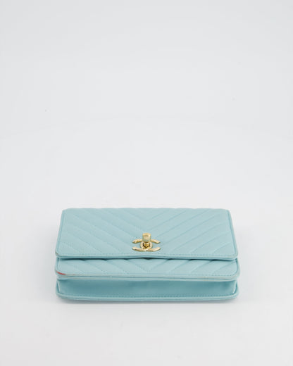Chanel Tiffany Blue Chevron Quilted Trendy Wallet on Chain Bag in Lambskin Leather with Champagne Gold Hardware