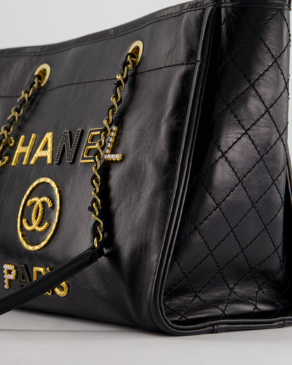 *HOT* Chanel Black Small Deauville Tote Bag in Shiny Calfskin Leather with Antique Gold Hardware and Pearl, Crystal Logo Detail