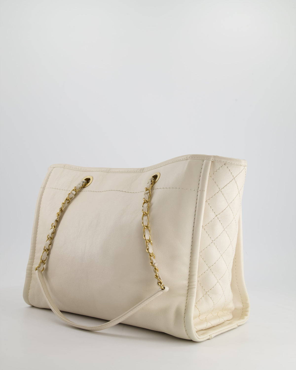 *HOT* Chanel White Small Deauville Tote Bag in Aged Calfskin Leather with Antique Gold Hardware and Pearl, Crystal Logo Detail