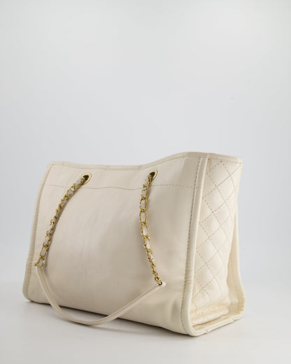 *HOT* Chanel White Small Deauville Tote Bag in Aged Calfskin Leather with Antique Gold Hardware and Pearl, Crystal Logo Detail