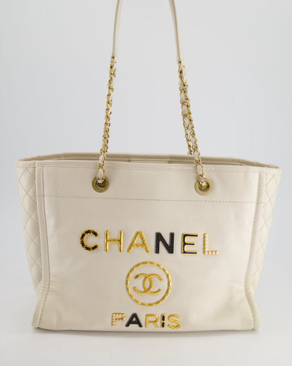 *HOT* Chanel White Small Deauville Tote Bag in Aged Calfskin Leather with Antique Gold Hardware and Pearl, Crystal Logo Detail