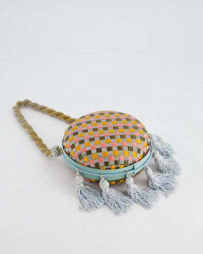 Bottega Veneta Blue and Orange Intrecciato Woven Circular Bag with Gold Strap and Blue Tassels