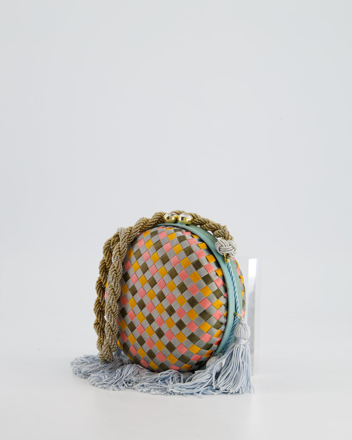 Bottega Veneta Blue and Orange Intrecciato Woven Circular Bag with Gold Strap and Blue Tassels