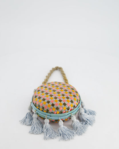 Bottega Veneta Blue and Orange Intrecciato Woven Circular Bag with Gold Strap and Blue Tassels