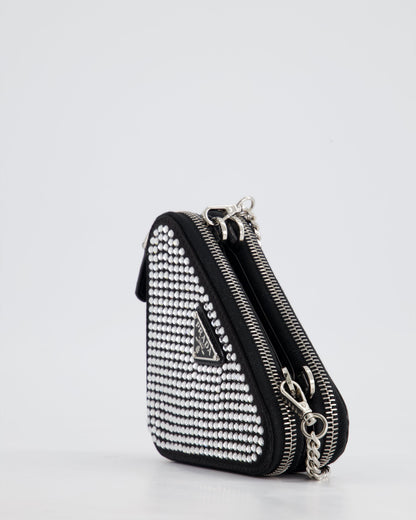 Prada Black Triangular Embellished Satin and Leather Mini-Pouch Bag with Crystals and Removable Straps
