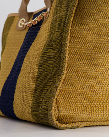 *HOT* Chanel Beige, Navy and Khaki Raffia Deauville Tote with Pastel Logo and Champagne Gold Hardware