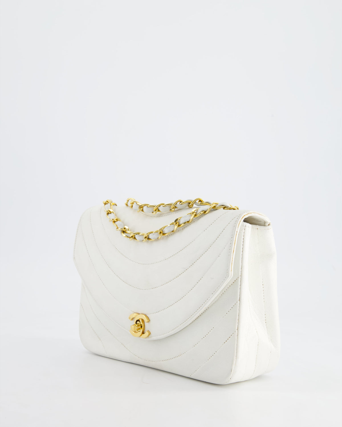 Chanel White Half Moon Curve Flap Vintage Quilted Bag With 24k Gold Hardware