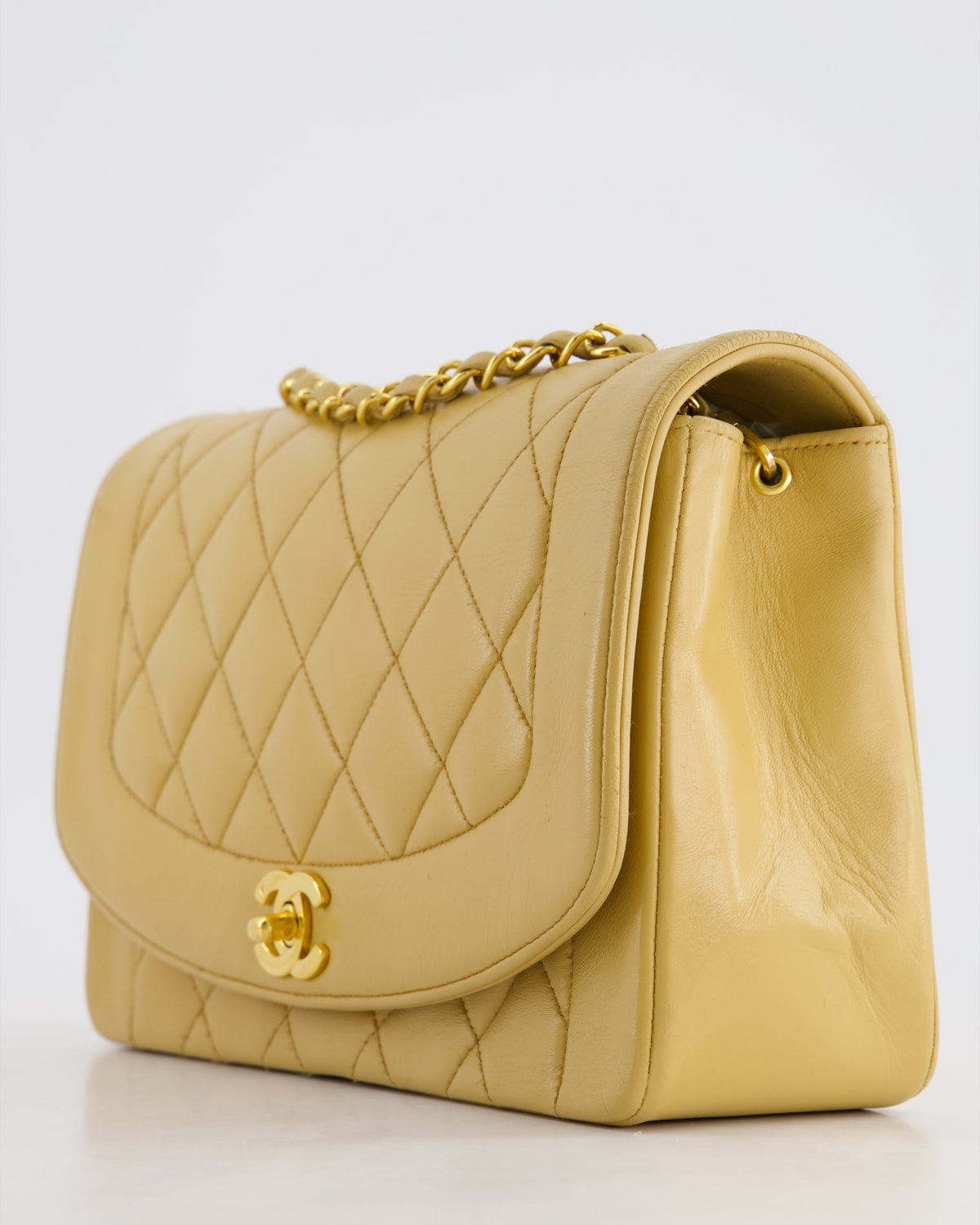 Chanel Vintage Single Flap Diana Bag in Beige Lambskin Leather With 24K Gold Hardware