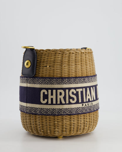 Christian Dior Dioriviera Bucket Bag in Natural Wicker and Blue Canvas With Gold Hardware