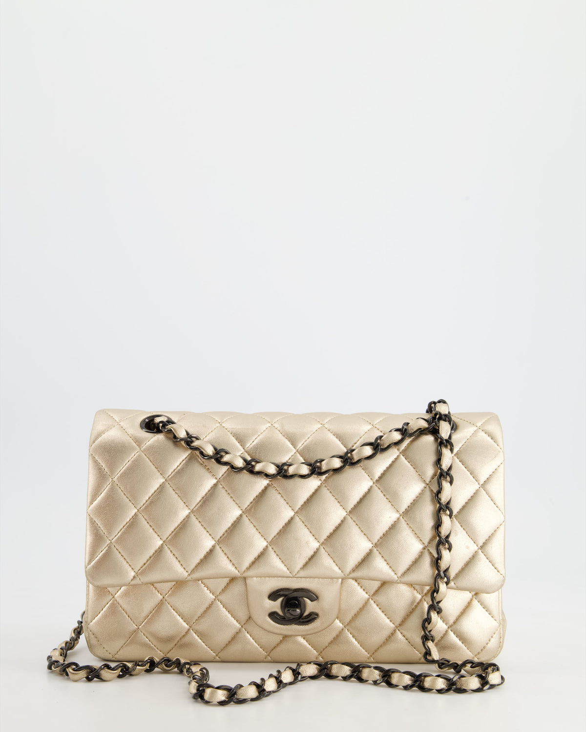 *SUPER RARE* Chanel Metallic Gold Medium Classic Double Flap Bag in Lambskin Leather with Black Hardware