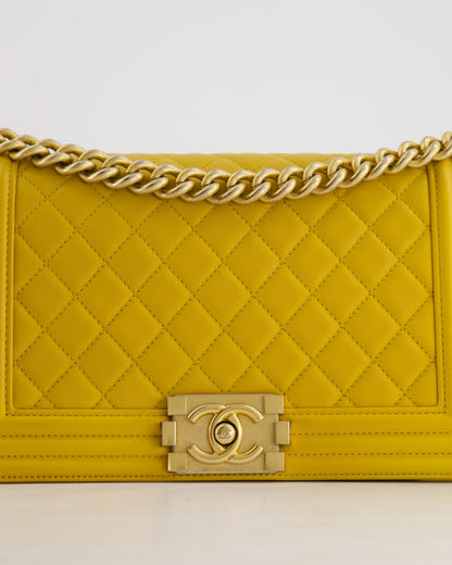 Chanel Mustard Yellow Medium Boy Bag in Calfskin Leather with Antique Gold Hardware