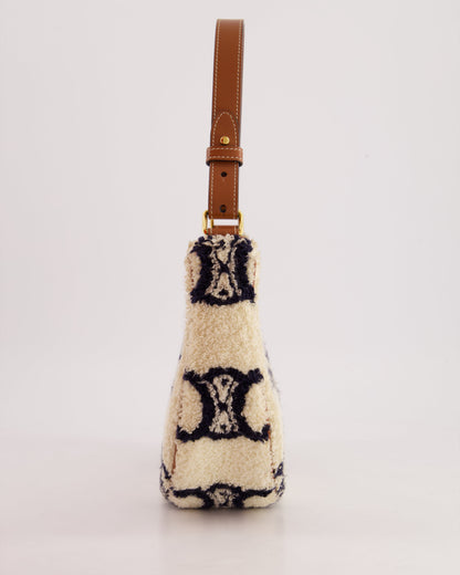 Celine Cream Ava Bag in Shearling with Brown Leather Strap and Gold Hardware Bag