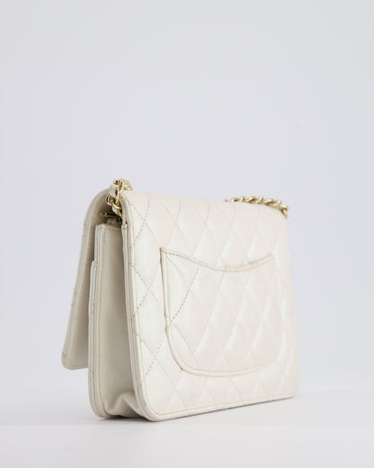 *HOT* Chanel Pearlescent Off-White Wallet on Chain Bag in Calfskin Leather with Champagne Gold Hardware