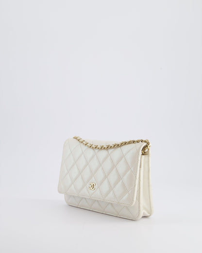 *HOT* Chanel Pearlescent Off-White Wallet on Chain Bag in Calfskin Leather with Champagne Gold Hardware